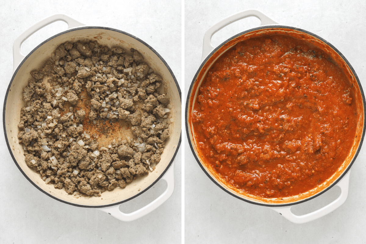 left: ground beef browning in a large white pot. right: a pot of tomato bolognese sauce.