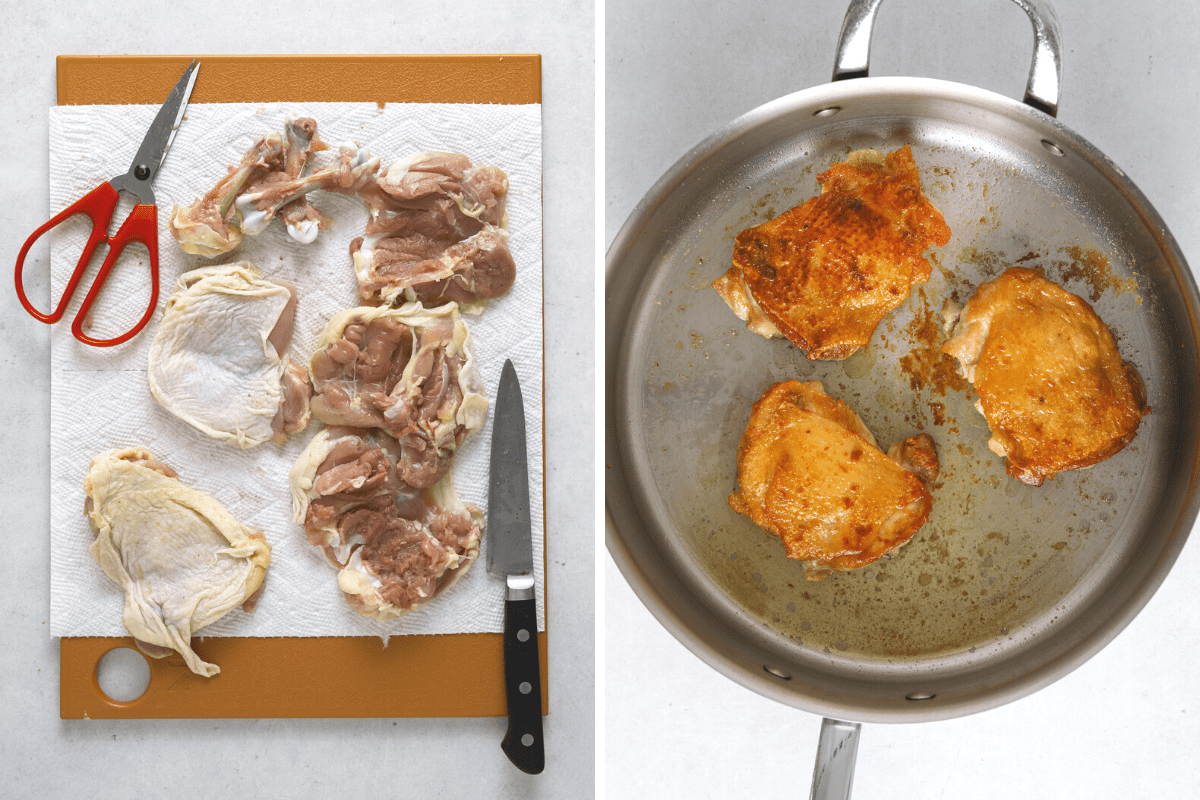 a cutting board with raw chicken thighs with the bones removed. right: three golden brown chicken thighs in a pan