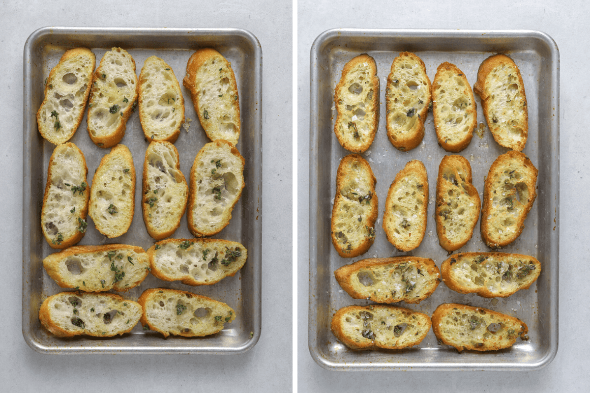 left: a baking tray with seasoned bread slices. right: a baking tray with toasted crostini