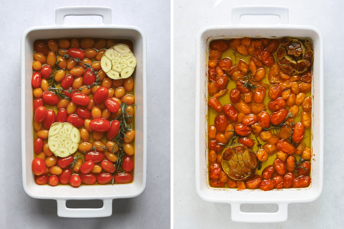 left: a white rectangle baking dish with tomatoes, olive oil, garlic, rosemary and thyme