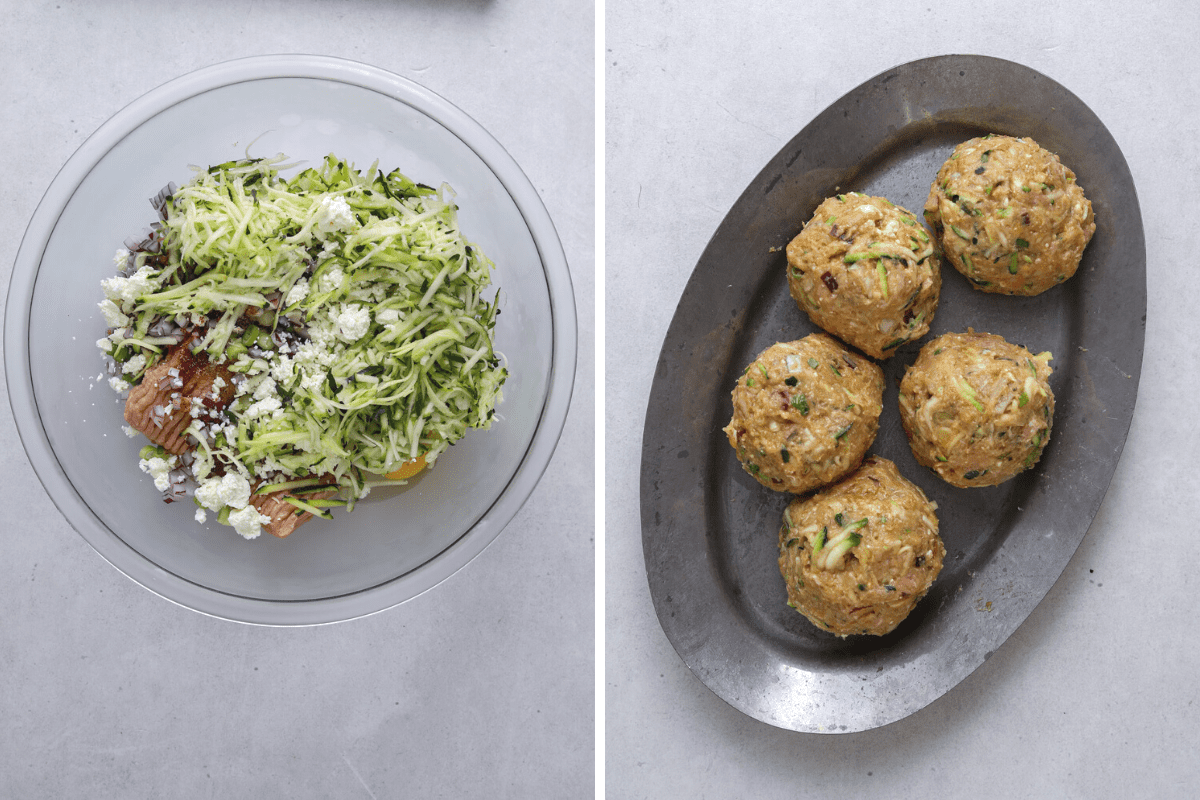 left: a large mixing bowl with shredded zucchini, crumbled feta, ground turkey. right: fiver turkey burger patties on a silver tray