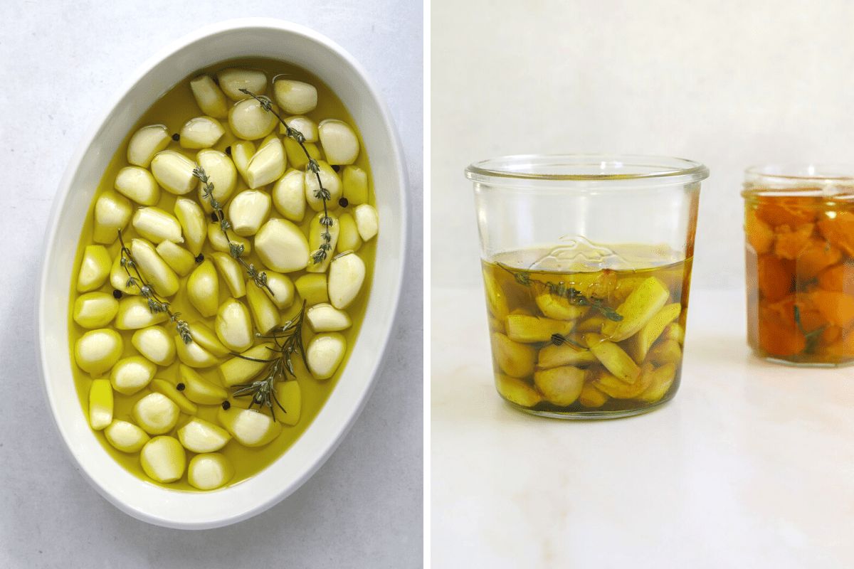 left: a white oval baking dish with raw garlic cloves in olive oil. right: a glass jar filled with roasted garlic confit