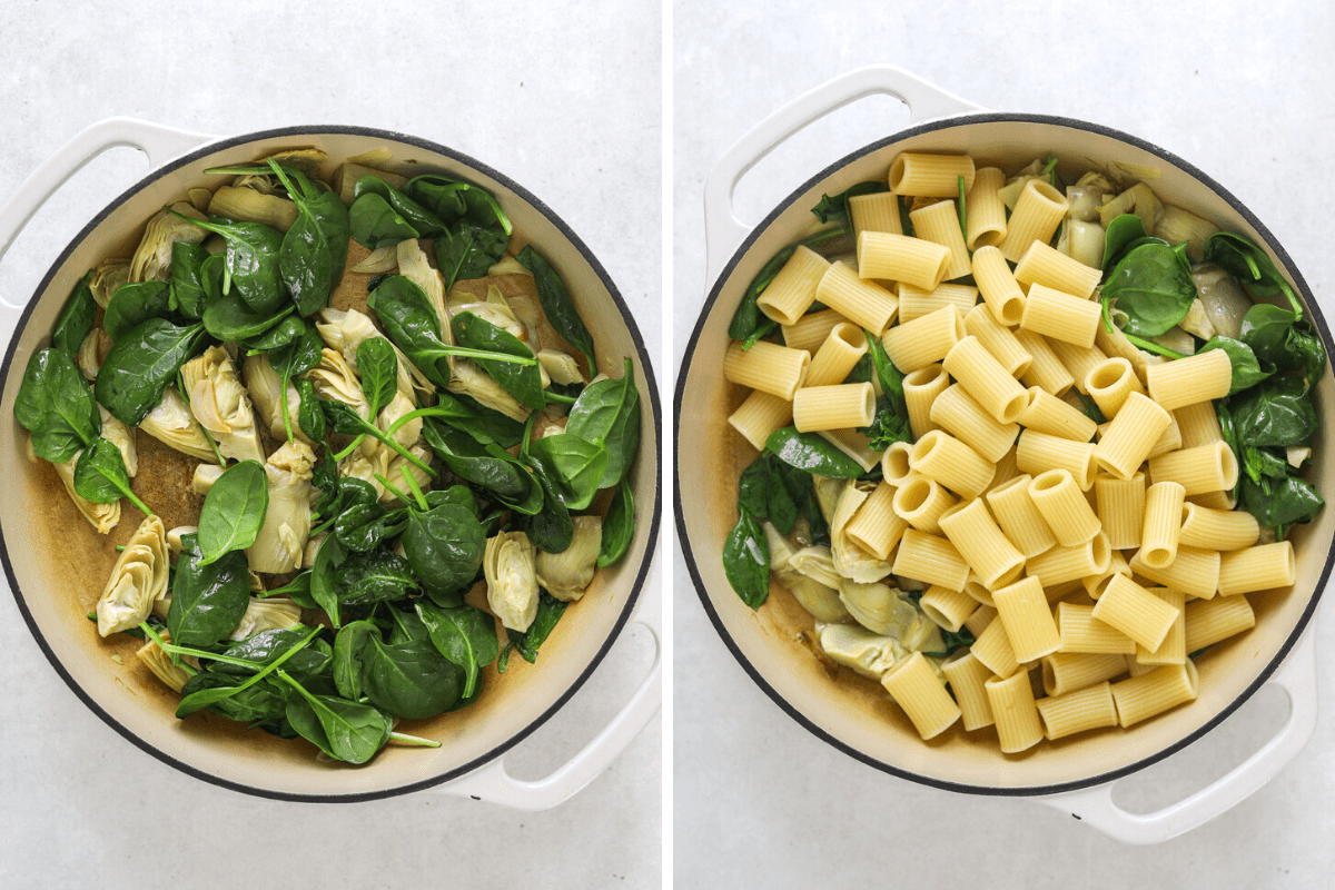 left: artichoke hearts and baby spinach sautéing in a beige pot with two handles. right: the same pot with cooked rigatoni added in.