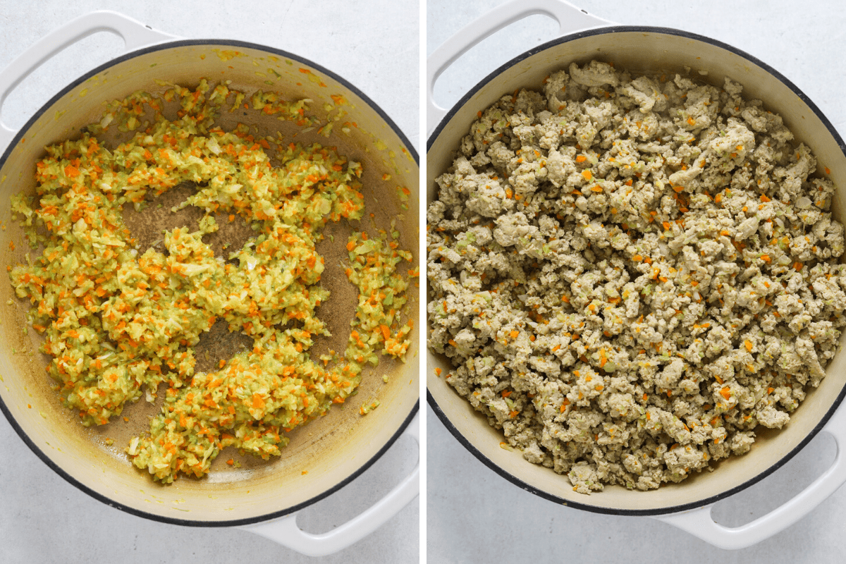 left: a pot with minced celery, carrot and onion cooking. right: a pot with ground turkey cooking.