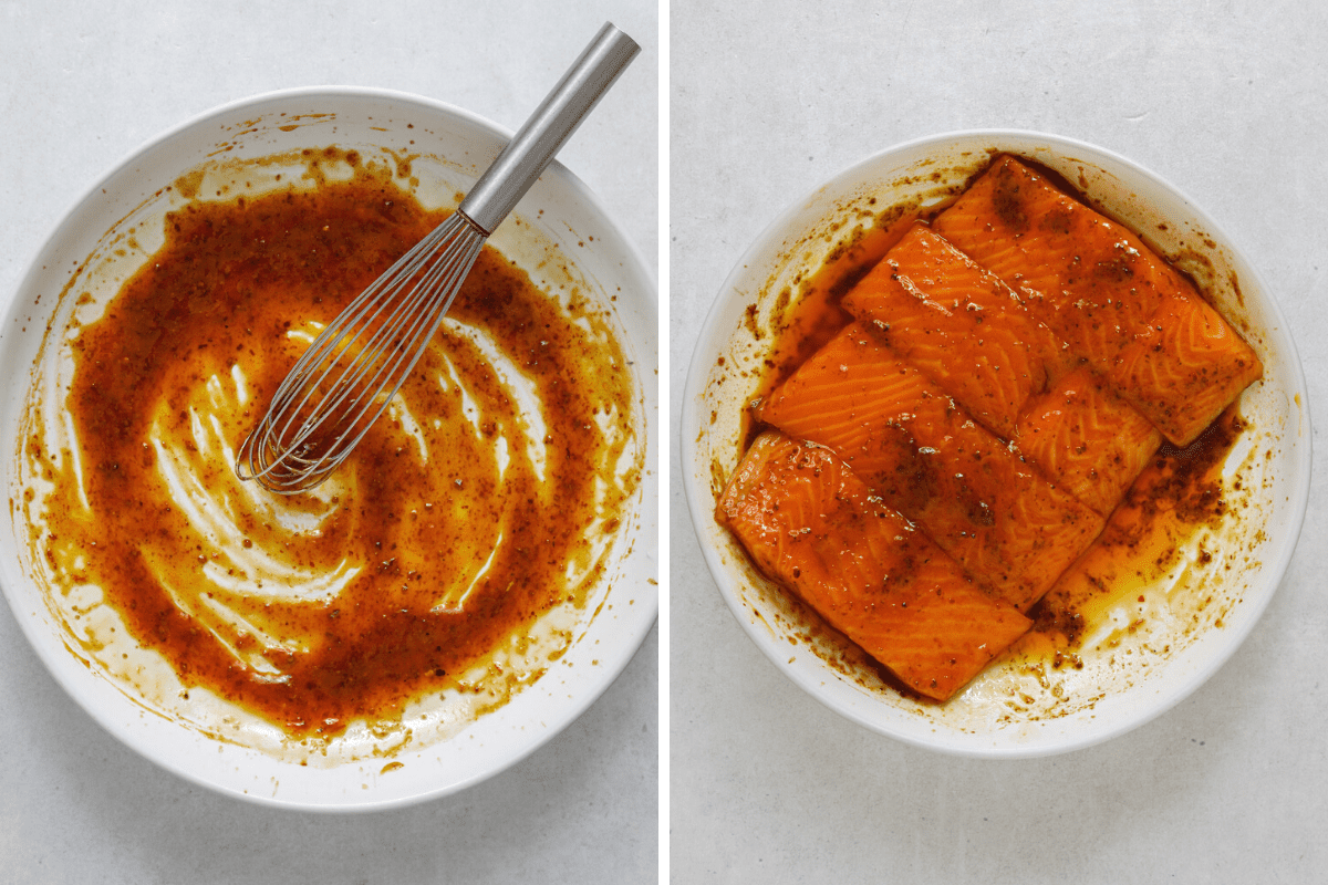 left: harissa honey marinade being whisked together in a speckled ceramic bowl. right: four salmon filets marinating in a white bowl