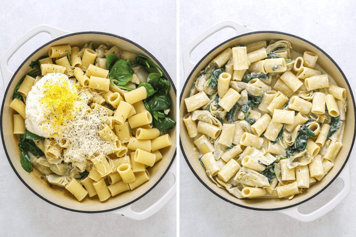 left: ricotta cheese, lemon zest and grated parmesan cheese piled on top of rigatoni pasta, wilted spinach and artichoke hearts in a beige pot. right: the same pot with all of the ingredients thoroughly mixed together.