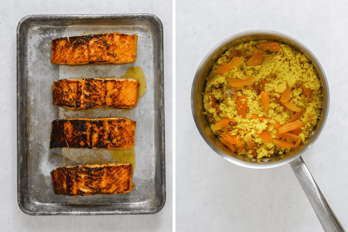 left: a small baking tray with four cooked salmon filets. right: a small pot with turmeric couscous and chopped apricots