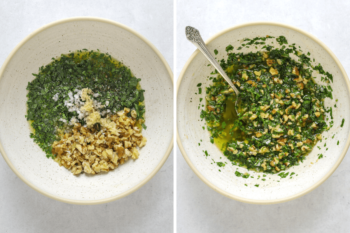 left: a bowl of chopped walnuts, minced shallots, olive oil, and chopped parsley. right: a bowl of walnut salsa verde with a antique spoon