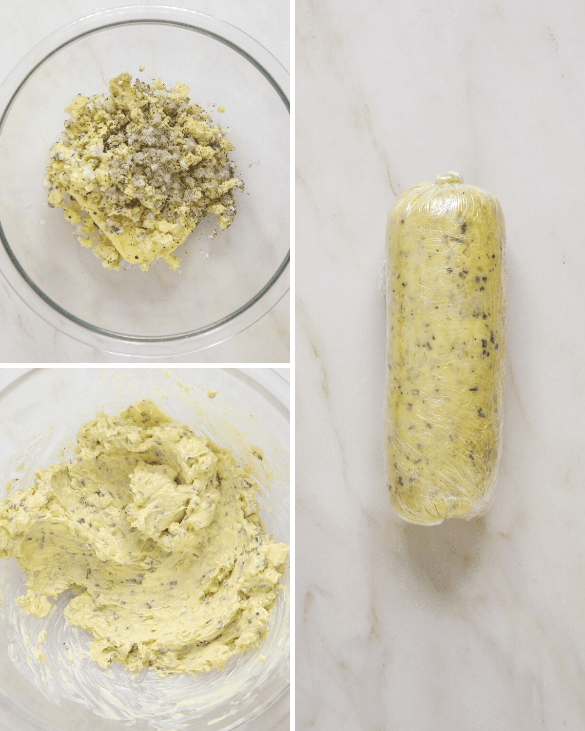 three step by step photos of blue cheese compound butter being mixed together in a glass mixing bowl then rolled into a log with plastic wrap