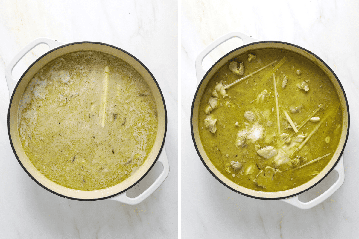 left: a beige ceramic pot filled with coconut milk and spices. right: a beige ceramic pot with green curry sauce, coconut milk and lemon grass.