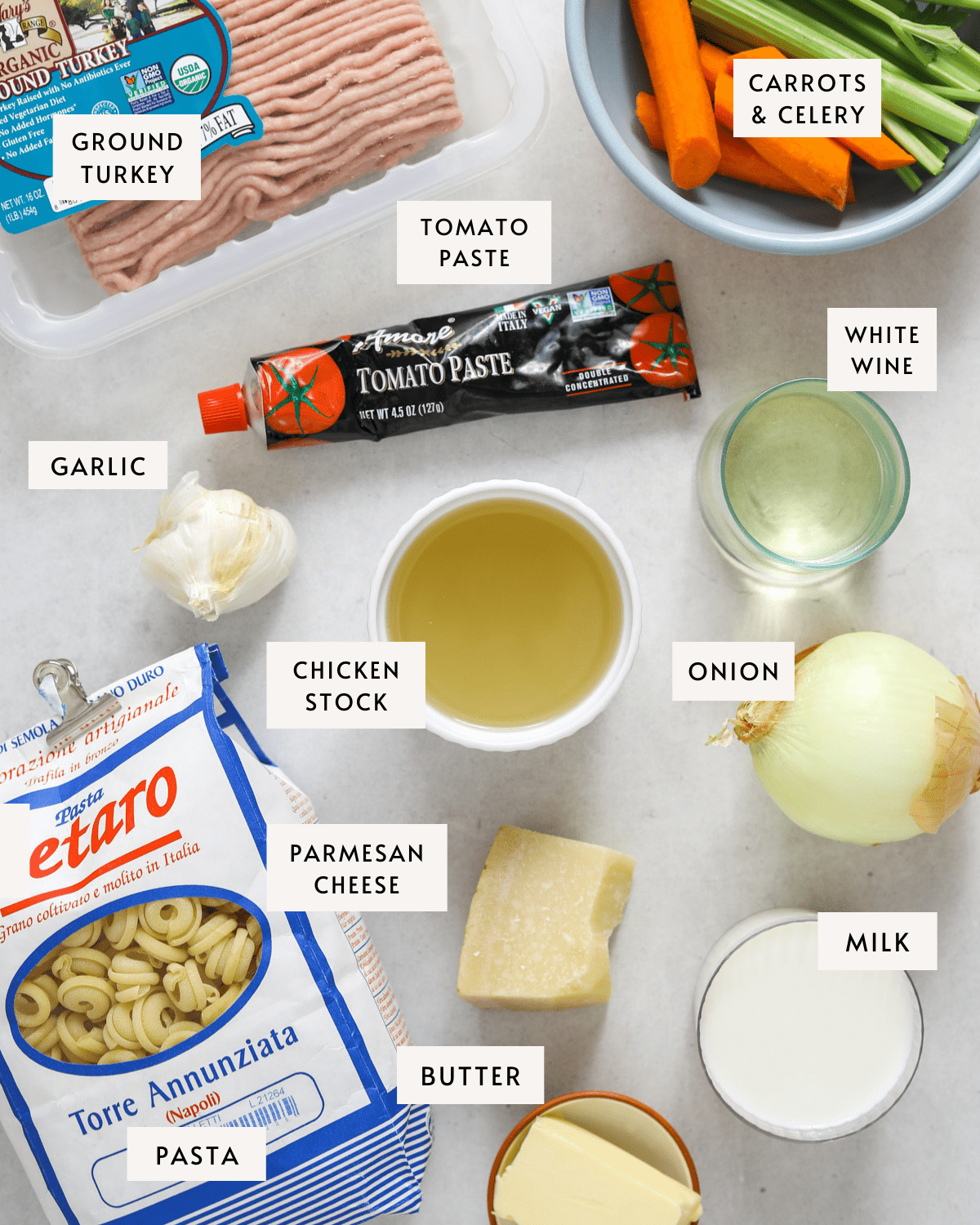 recipe ingredients individually portioned and labeled; a white onion, a bowl of chicken stock, a bag of pasta, ground turkey, carrots and celery in a bowl, butter, milk, garlic and tomato paste