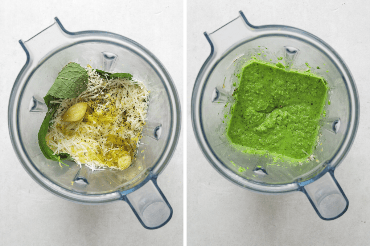 left: a blender filled with grated parmesan cheese, fresh mint, garlic cloves and peas. right: a blender filled with bright green pea pesto