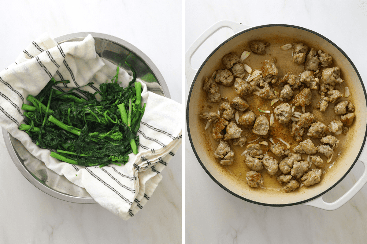 left: blanched broccoli rabe resting on a clean kitchen towel in a bowl. right: a pan with crumbled Italian sausage and sliced garlic cooking.