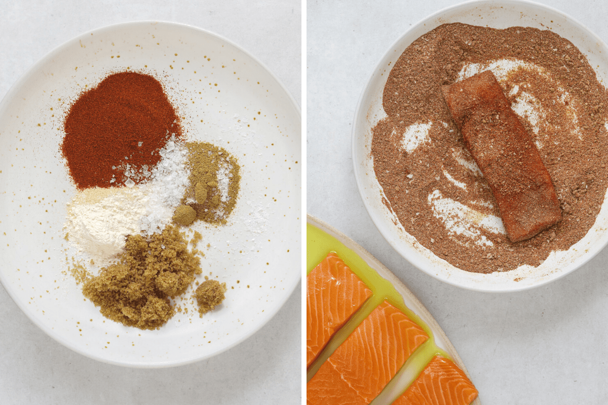 left: barbecue spice ingredients in a white speckled ceramic bowl. right: a salmon filet in a white bowl being coated in BBQ spice mix.