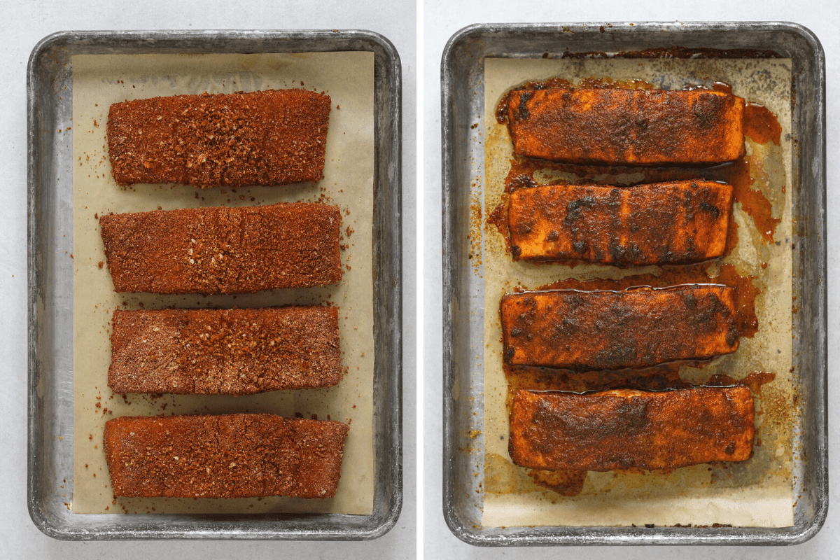 left: four raw salmon filets coated in BBQ spice on a baking tray. right: four cooked blackened BBQ salmon filets on a baking tray.