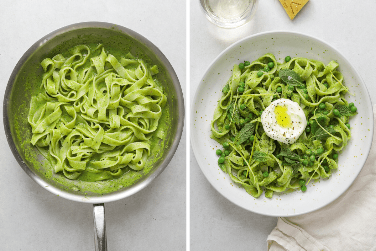 left: a stainless steel saute pan filled with pasta a green sauce. right: a ceramic bowl filled with green pesto pasta and a dollop of creme fraiche.