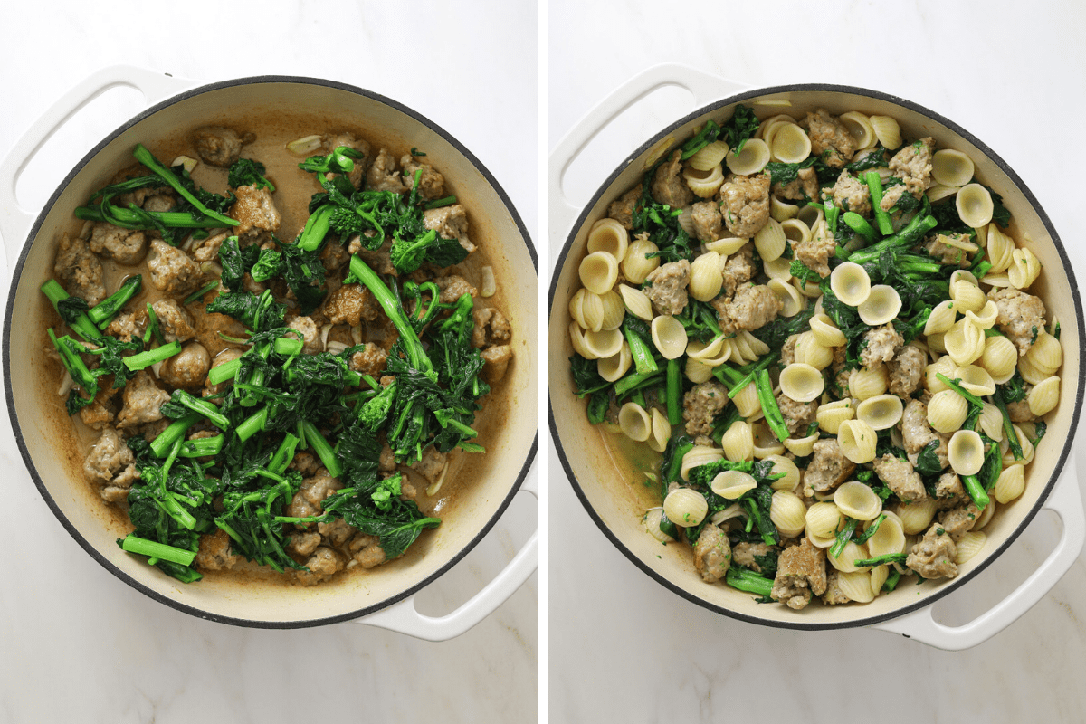 left: broccoli rabe and sausage cooking in a dutch oven. right: a dutch oven cooking pasta