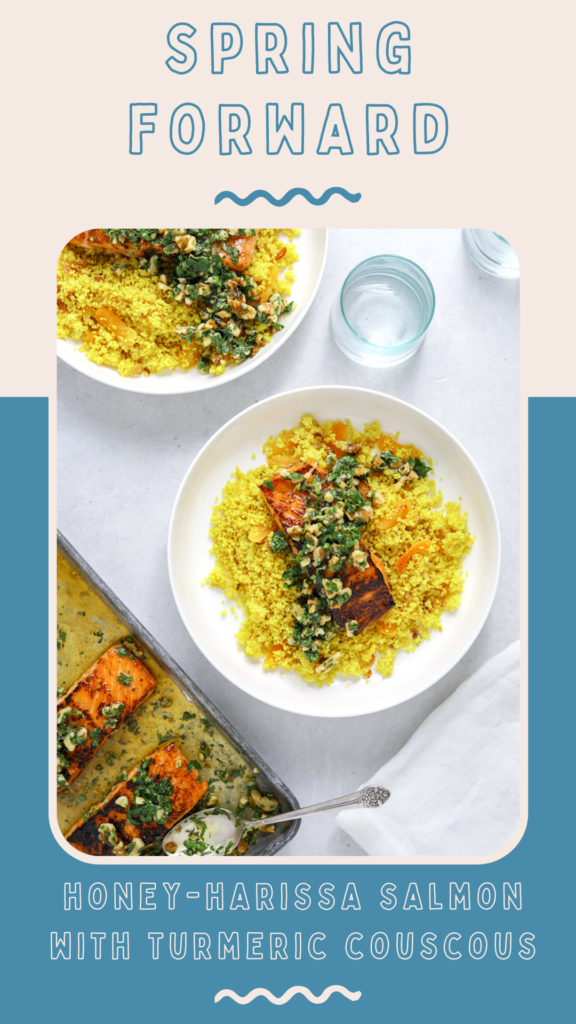 Blue and white banner with the words "Spring Forward" and an image of salmon and couscous in a white bowl