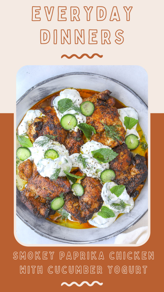 Orange and beige banner with the words "Everyday Dinners" and an image of Smokey Paprika Chicken and Yogurt on a blue plate.