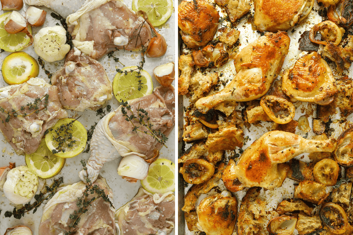 left: raw chicken legs and thighs, lemon slices, two whole heads of garlic and fresh thyme on a baking tray. right: golden brown roasted chicken, lemon slices, torn bread on a baking tray.