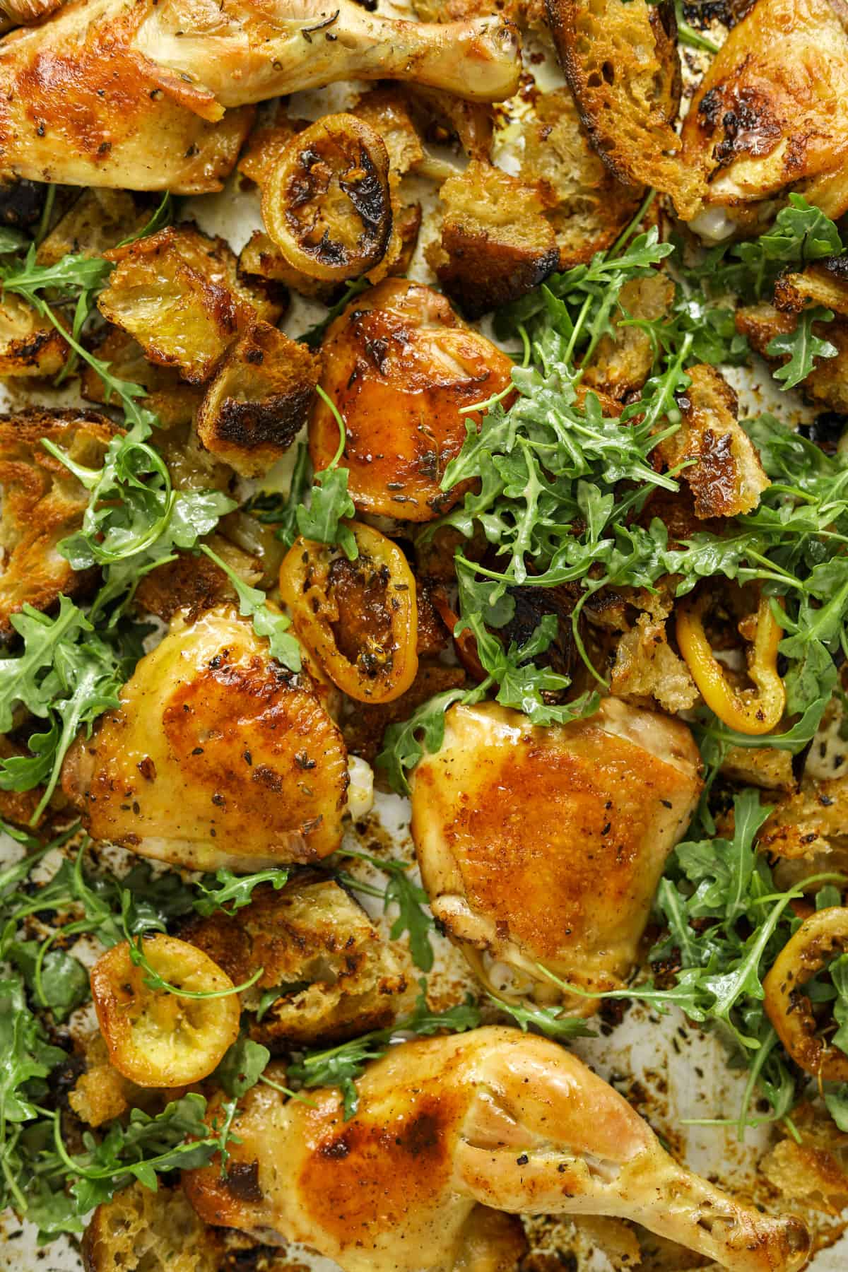 a baking tray with roasted chicken legs and thighs, charred lemon rounds, toasted bread and fresh arugula salad on top.