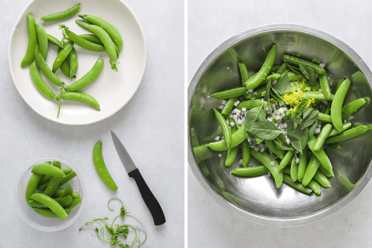 left: a bowl of snap peas, a small knife. right: a stainless steel mixing bowl with snap peas, basil leaves, lemon zest and basil leaves.