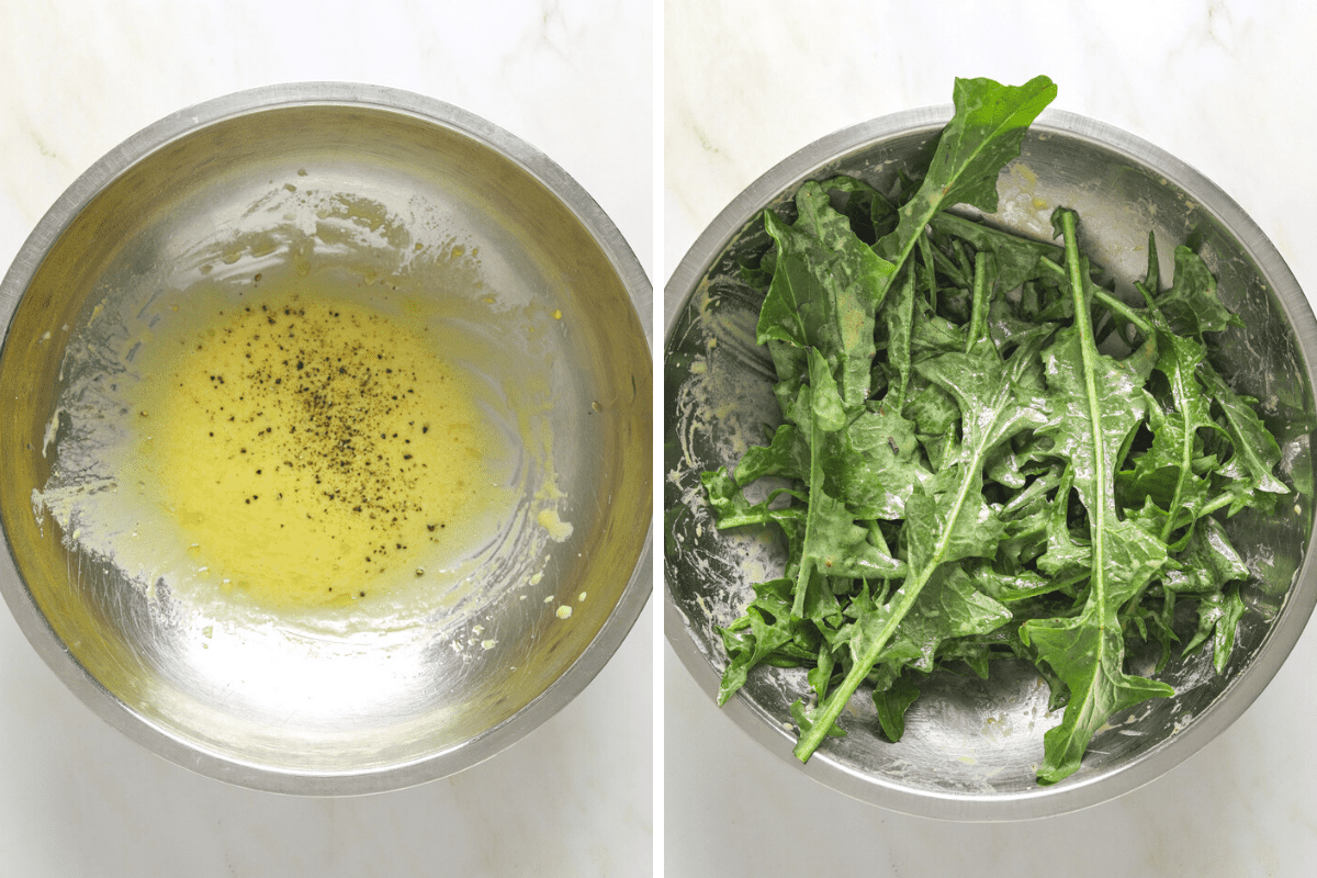 left: a stainless steel bowl of salad dressing. right: a bowl of dandelion greens dressed with vinaigrette.
