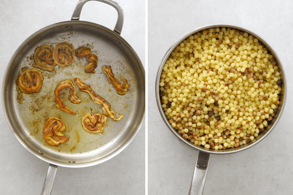 left: a sauté pan with pancetta cooking. right: cooked fregola in a pot on a blue background.