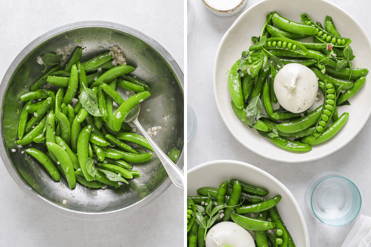 left: a bowl of snap pea salad being tossed together. right: two white bowls with snap pea salad topped with a ball of fresh burrata.