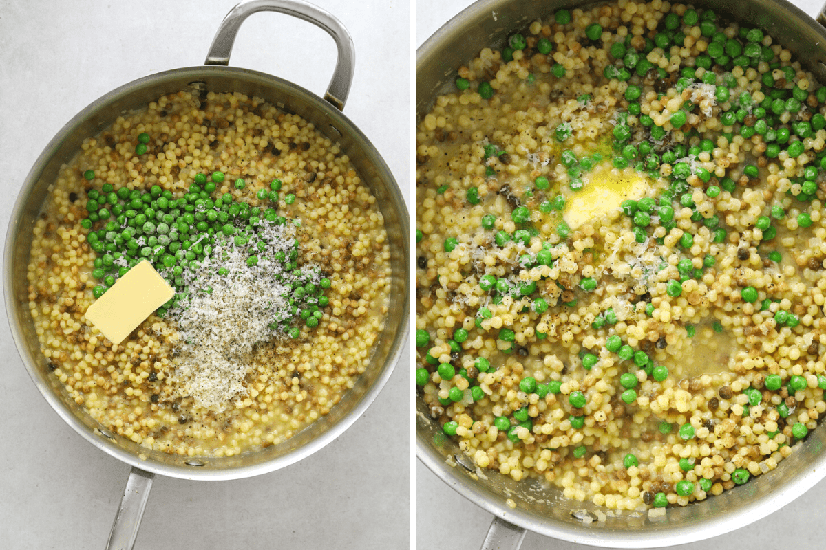left: a pot with fregola, peas a large slice of butter and grated parmesan cheese. right: close up photo of fregola.