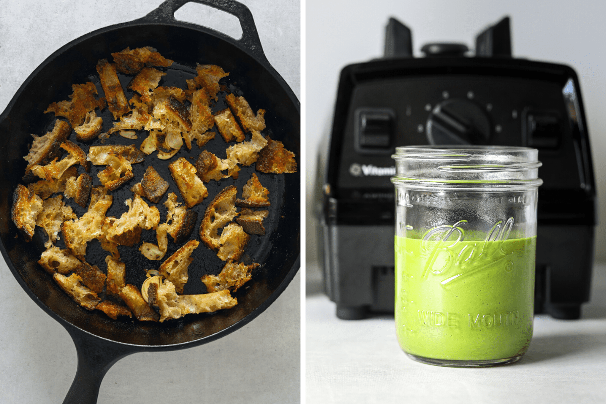 left: a cast iron pan with toasted bread. right: a glass jar filled with bright green tahini-basil salad dressing.