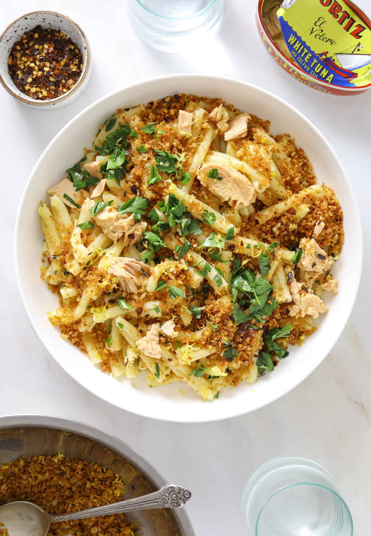 Casarecce Pantry Pasta with Oil-Packed Tuna and Spicy Garlic Breadcrumbs