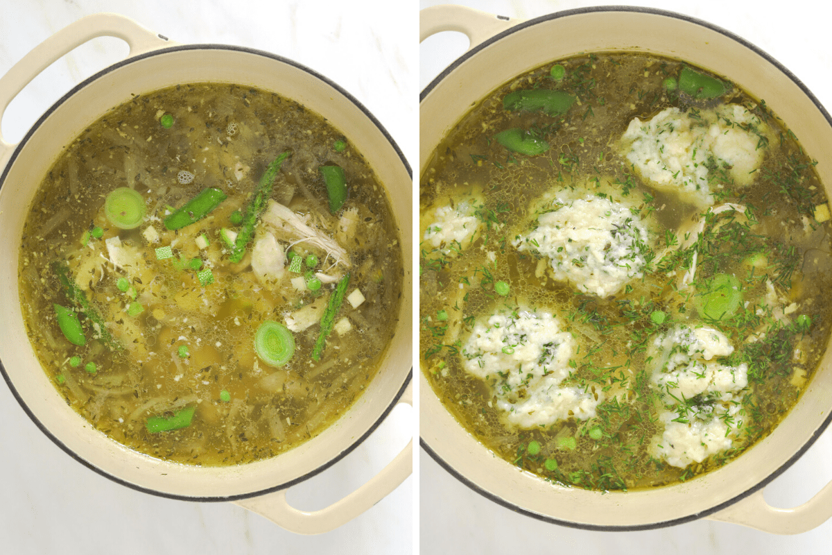 left: a pot of chicken broth and vegetables. right: a pot with chicken broth and herb dumplings.