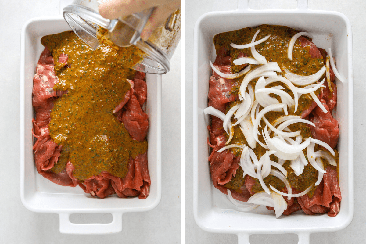 left: marinade being poured over steak from a blender. right: skirt steak marinating thinly sliced onion.