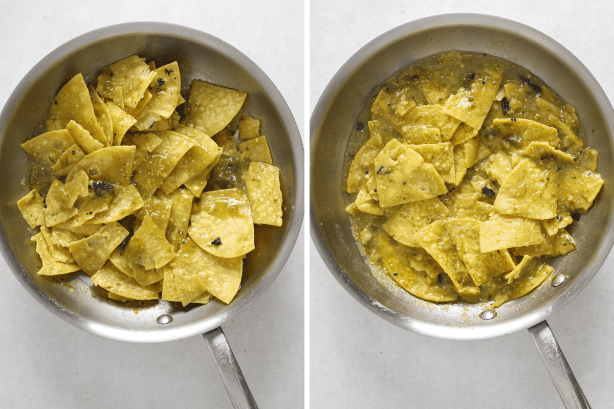 Left: a saute pan filled with tortilla chips and green salsa. Right: a saute pan with softened tortilla chips and green salsa.