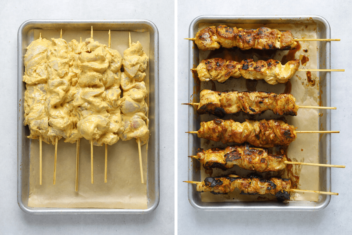 left: a parchment-lined baking tray with raw, yogurt marinated chicken kebabs. right: cooked chicken kebabs on a baking tray.