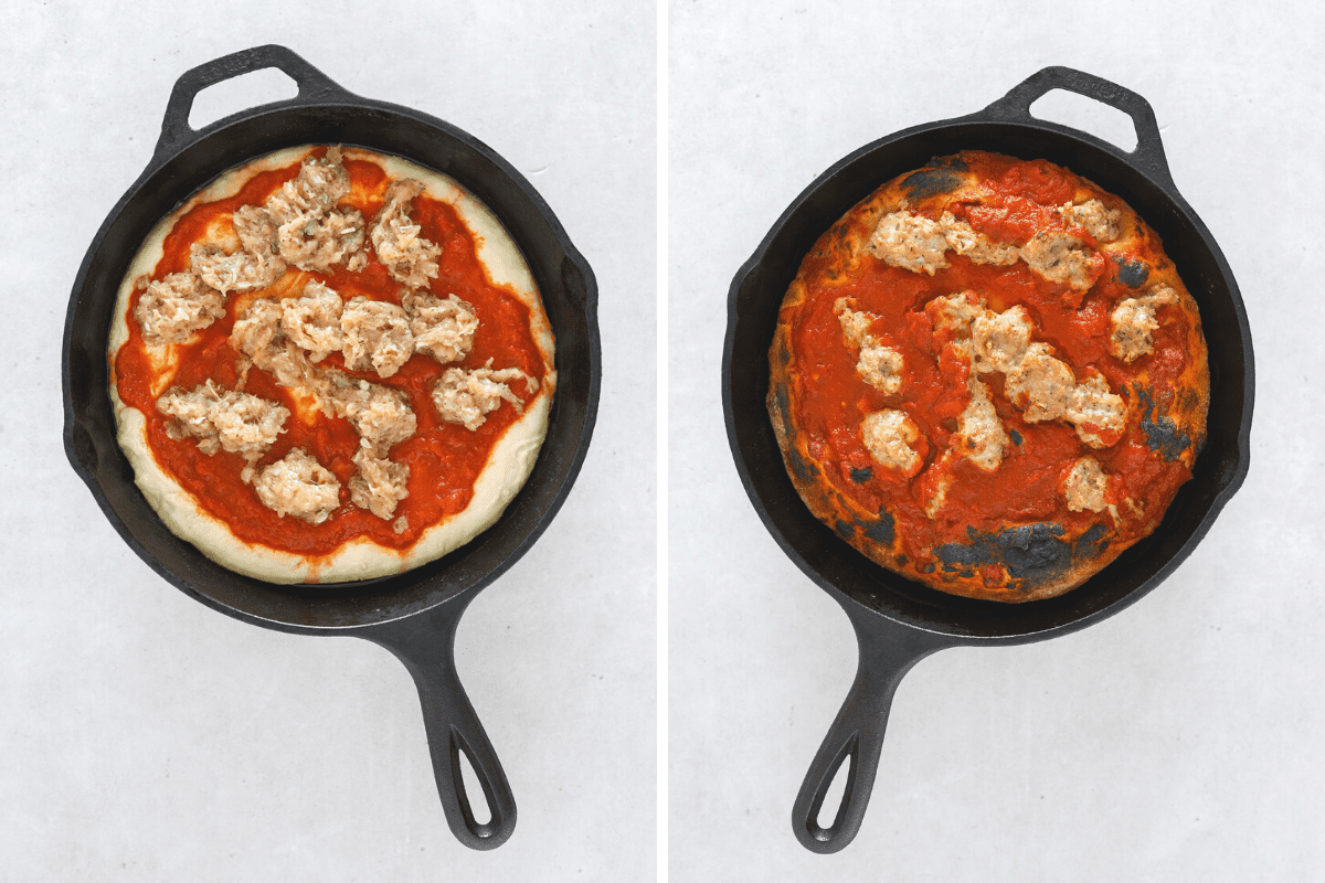 left: a raw pizza in a cast iron pan. right: a cooked pizza in a cast iron pan.