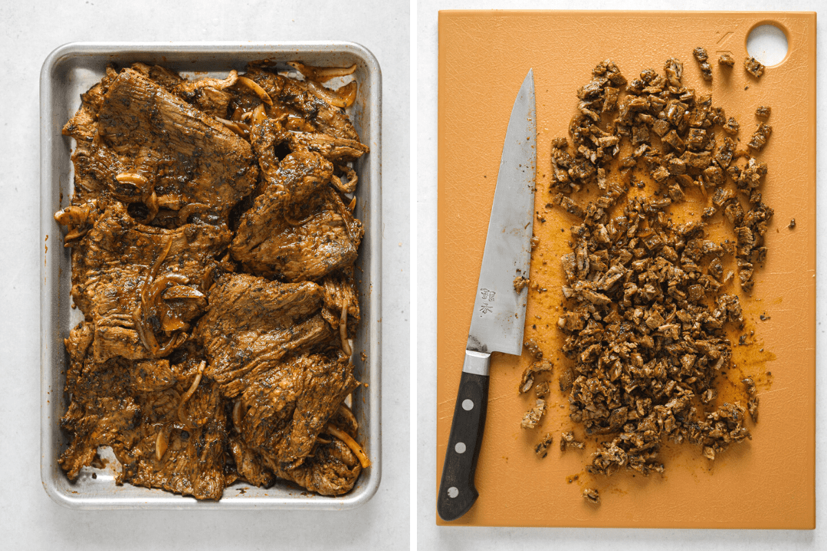 left: a baking tray filled with grilled, marinated steak. right: a cutting board and knife chopping grilled steak.