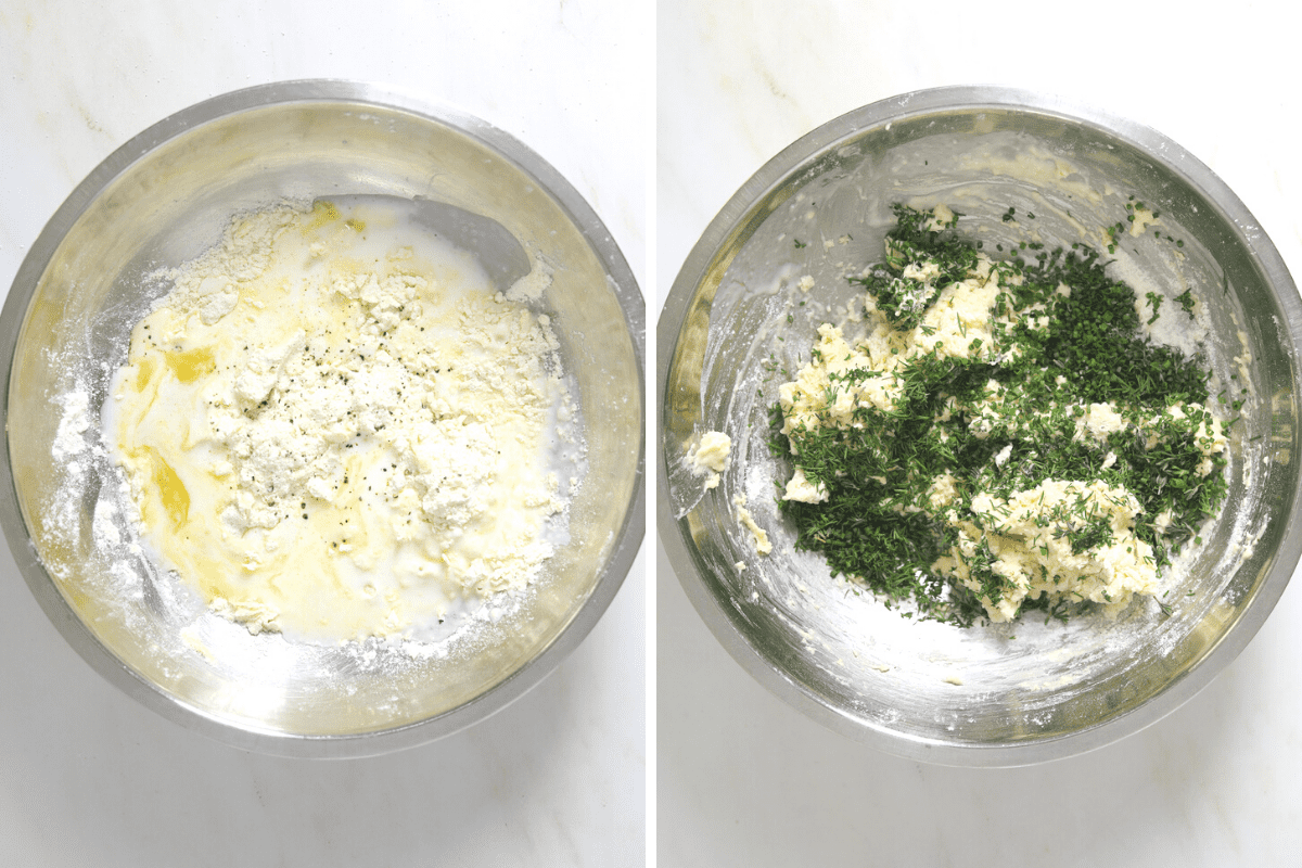 left: a bowl with flour, egg yolk and milk. right a bowl of dough with chopped herbs.