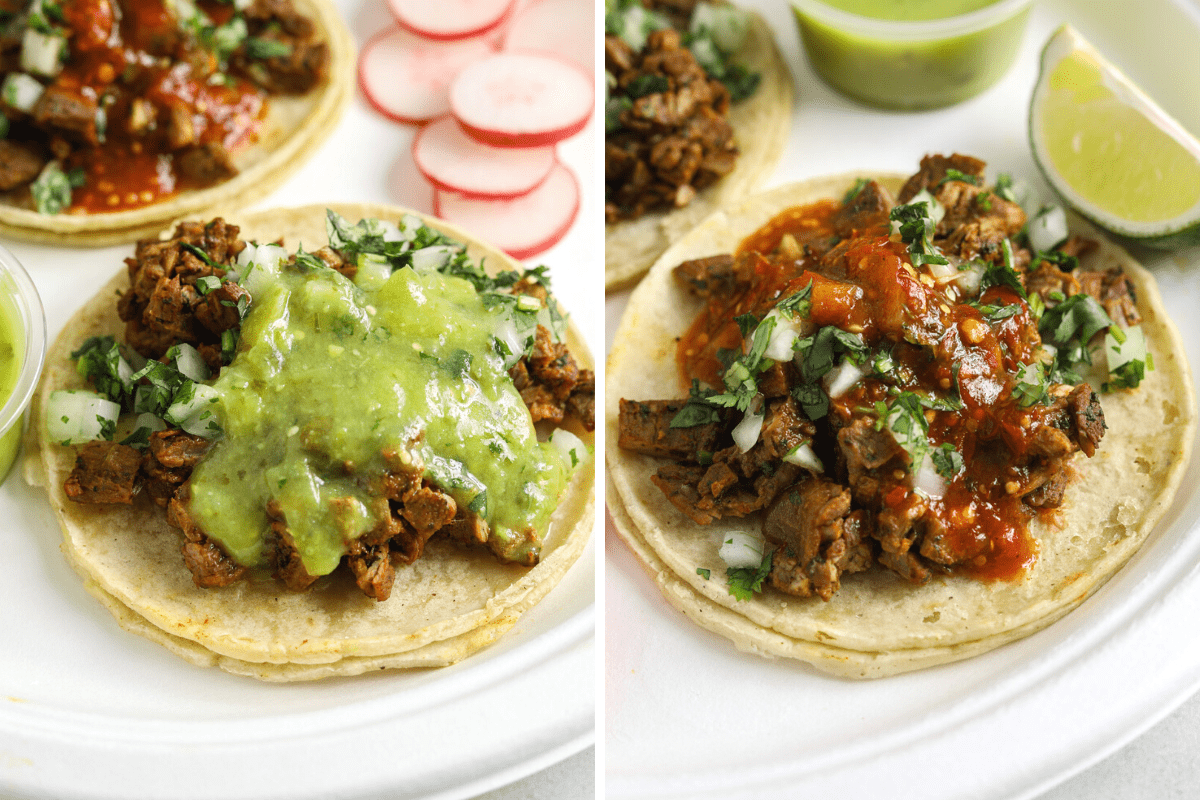 Two close up photos of tacos on white plates, one with green salsa and one with red salsa.