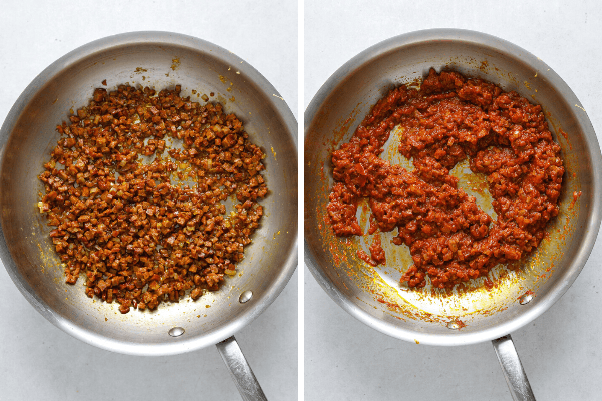 left: a saute pan with crumbled chorizo. right: saute pan with chorizo, tomato, onion and garlic cooking.
