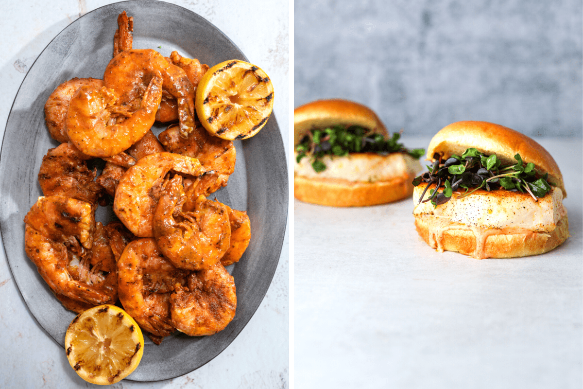 Left: grilled shrimp on an oval platter. Right: two halibut burgers, blue background.