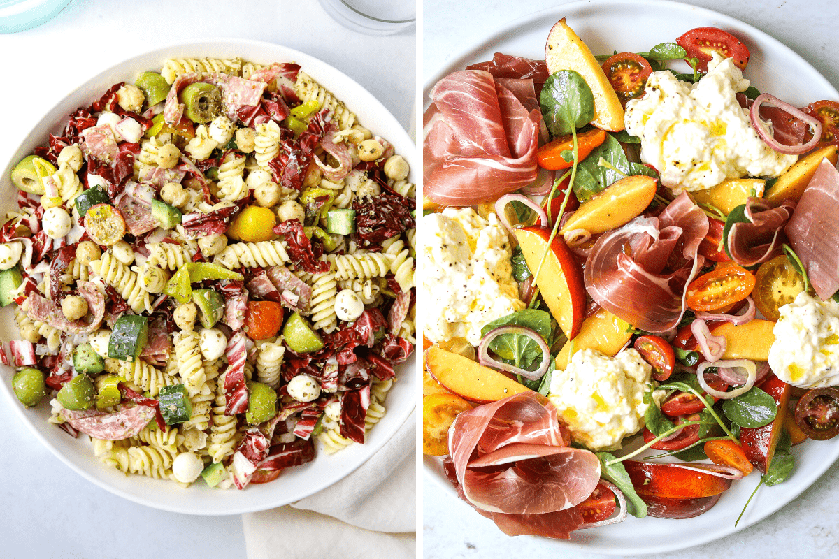 left: pasta salad in a white bowl. right: a platter with nectarines, burrata and prosciutto.