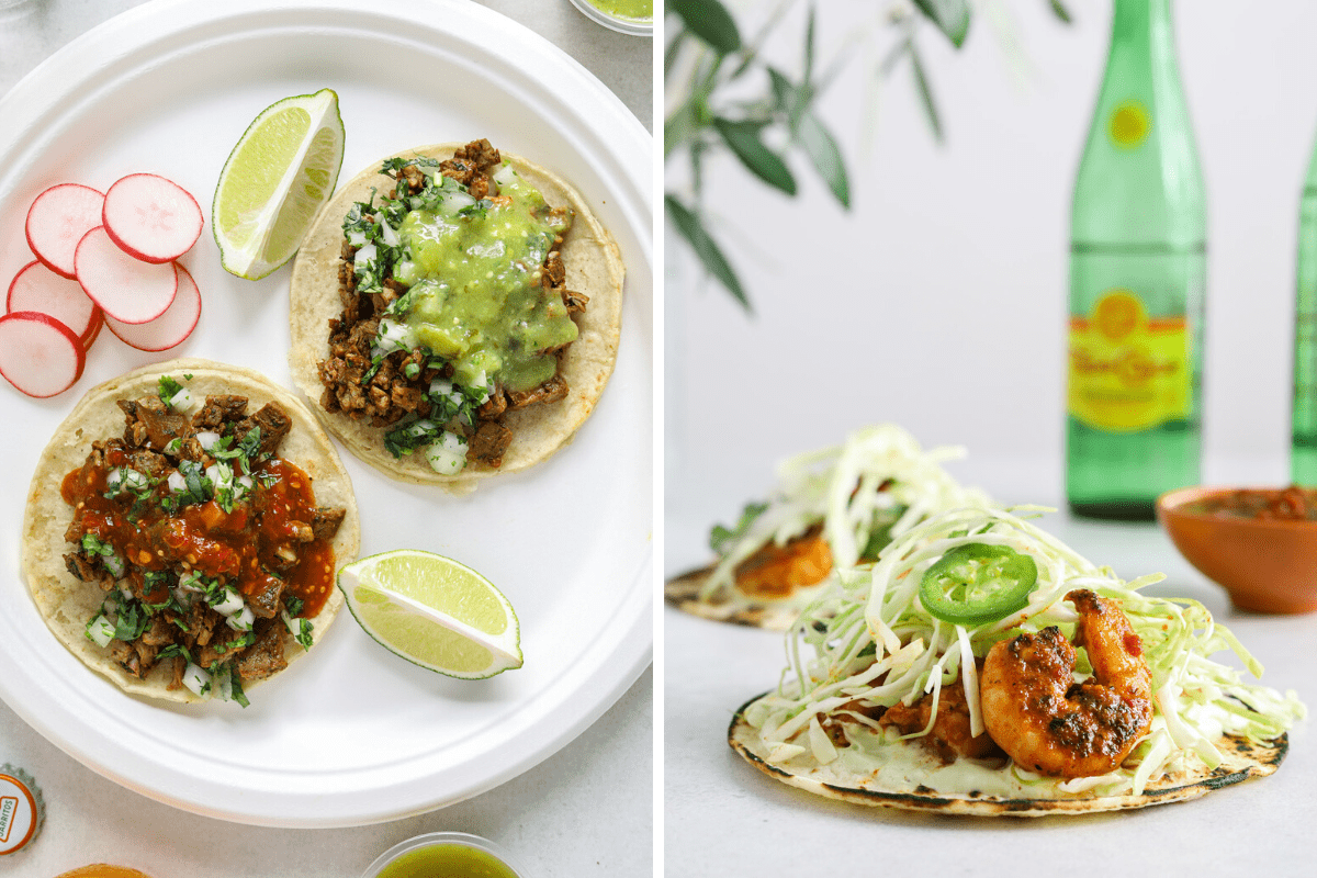 Left: two carne asada tacos on a white plate. right: a shrimp taco.