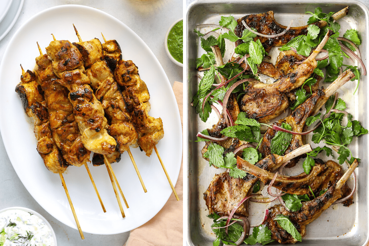 left: chicken skewers. right: grilled lamb chops.