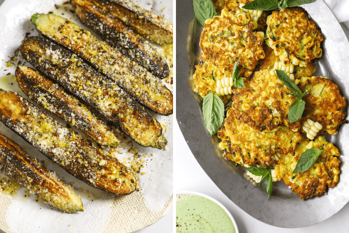 left: cooked zucchini on a platter. right: corn fritters on a silver tray.