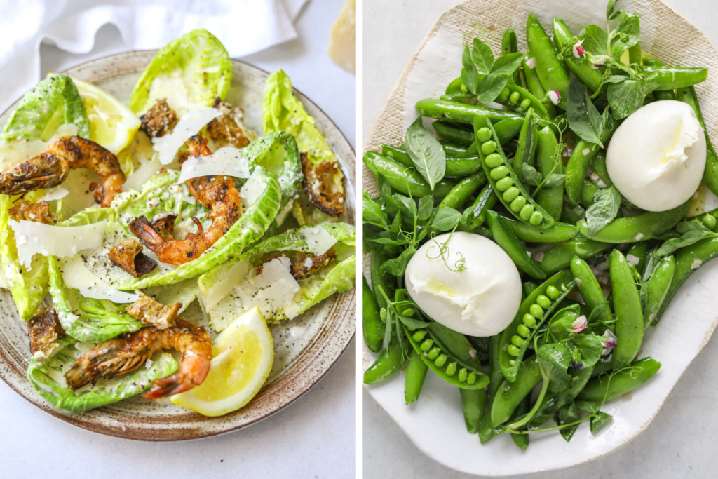 left: grilled shrimp caesar salad. right: sugar snap pea salad on a platter.
