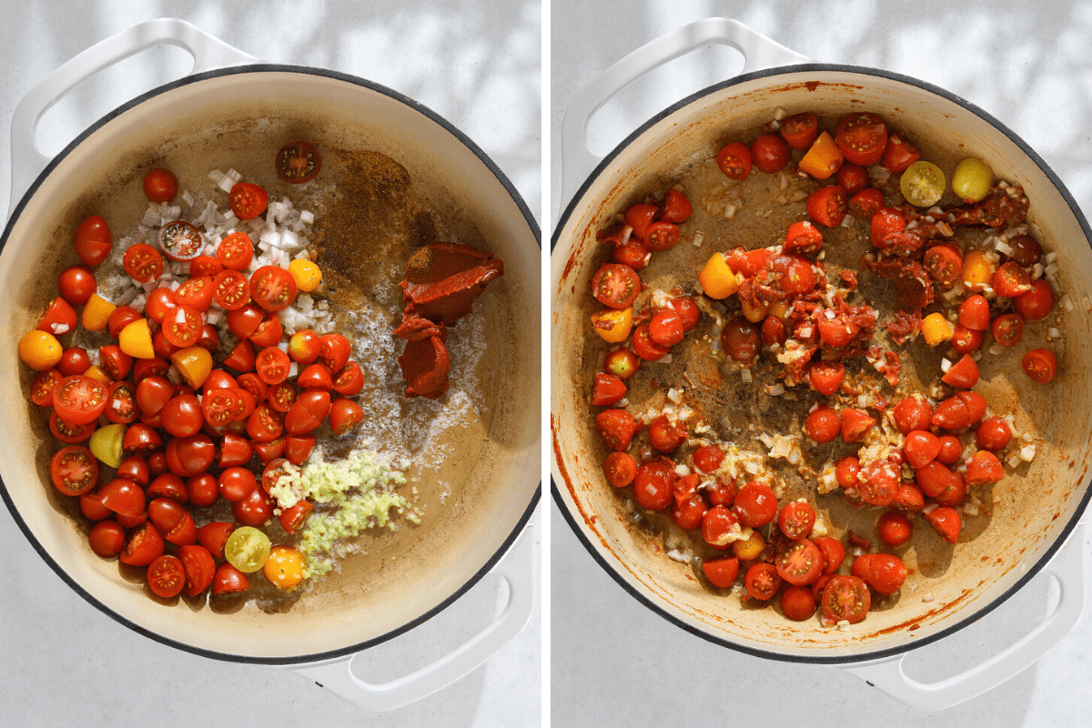 left: a pan with sautéing tomatoes, shallot and garlic. Right: a pan with tomatoes, tomato paste, garlic and shallot.