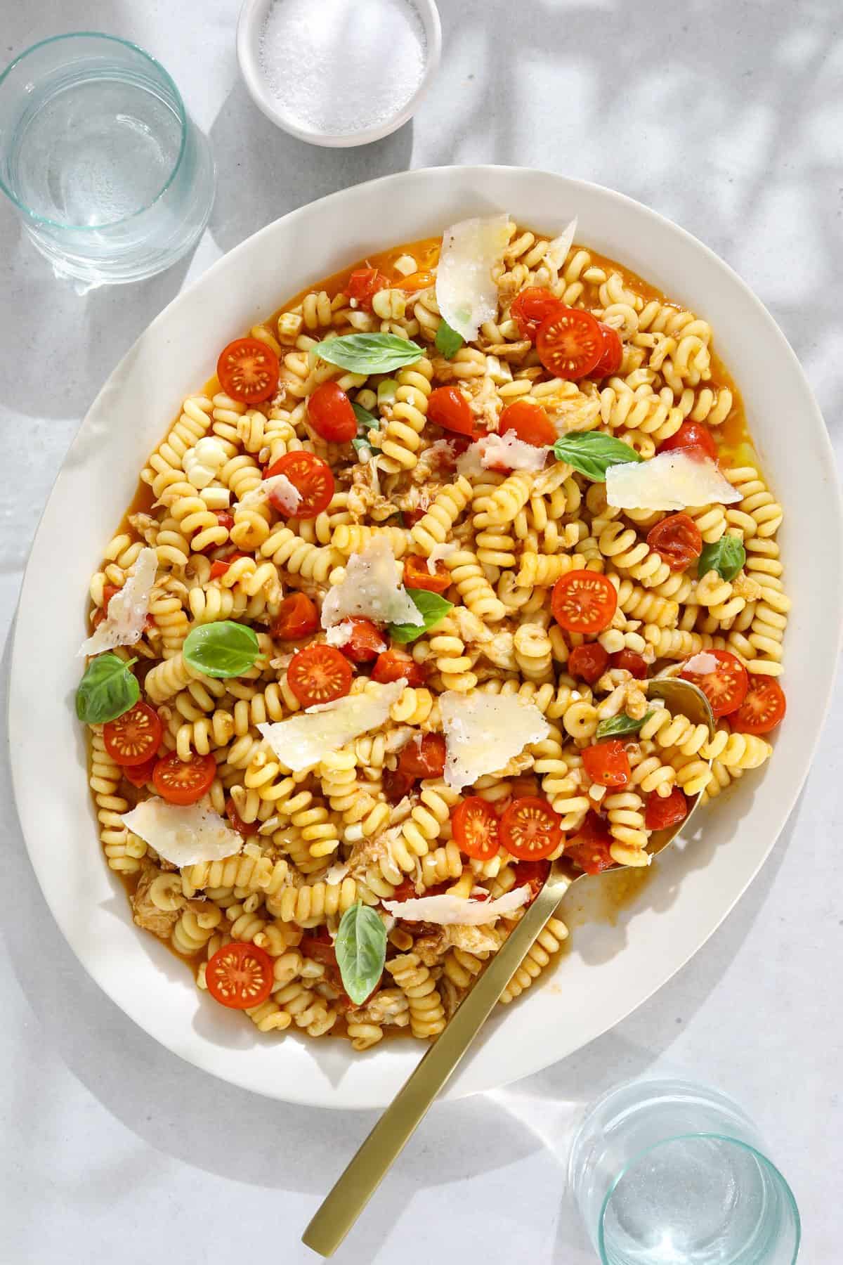 Crab Pasta with Corn, Tomatoes and Basil