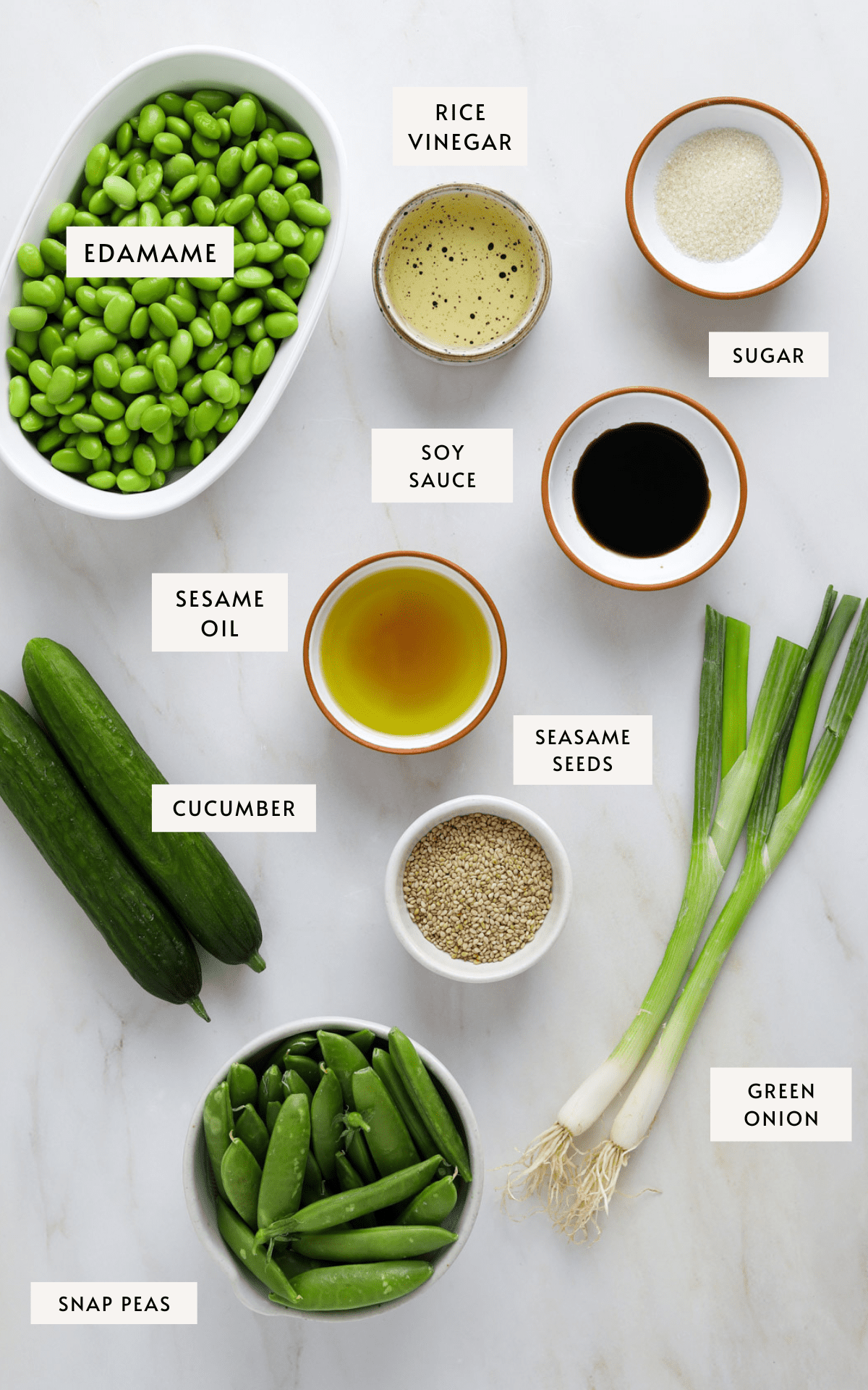 a small white bowl of shelled edamame, small dishes of vinegar, oil, sugar and sesame seeds, 2 green onions, a bowl of snap peas and two cucumbers.